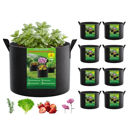 FEED GARDEN 5 Gallon Grow Bags 8 Pack 300G Thickened Fabric Plant Pots with Reinforced Handles Breathable Drainage Planters for Vegetables Flowers & Herbs Indoor Outdoor