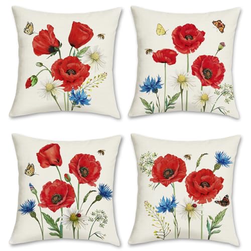 Bonhause Lot de 4 Housse de Coussin Fleur de Coquelicot 45 x 45 cm Fleurs de Pavot Rouge Polyester Lin Décoratif Taie d'oreiller pour Canapé Lits Salon Maison...
