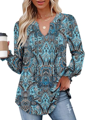 BETTE BOUTIK Long Sleeve Shirts for Women Fall Tops Dressy Blouses Pleated V Neck Tunic Tops for Leggings S-3XL