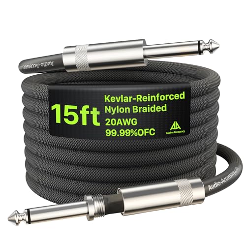 AA AUDIO ACCESSORY Guitar Cable 15 ft, Nylon Braided Anti-Kinking Kevlar-Reinforced, 20AWG 99.99% OFC, Heat-Shrink Protected 1/4 Instrument Cable, Shielded Amp Cord for Fender Electric Guitar