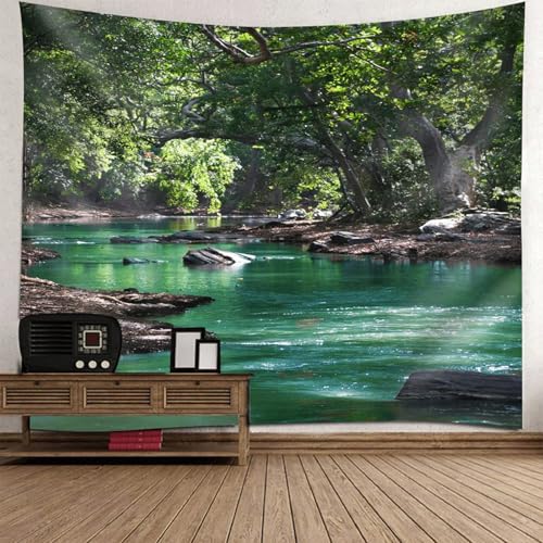 Tapisserie Nature Forêt Ruisseau 150x130cm Décoration Murale Moderne pour Chambre