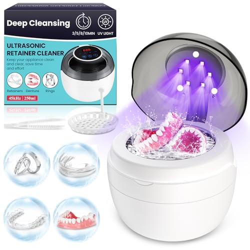 BOOPNEW Ultrasonic Retainer Cleaner Machine Denture Dome for Cleaning Dentures Mouth Guard Night Guard Aligner Jewelry 45kHz 250ML UV Ultrasonic Denture cleaner Ultra Sonic Cleaner for Retainers