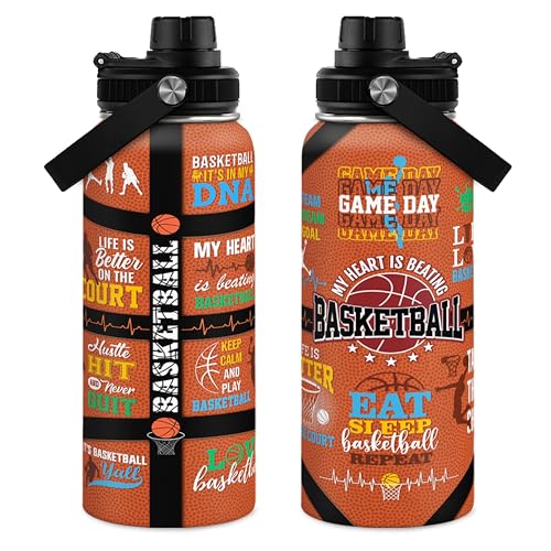Image of SANDJEST Basketball Water Bottle 32oz, Stainless Steel Insulated Sports Bottle with Lid, Basketball Gifts for Men Players Lovers Fan
