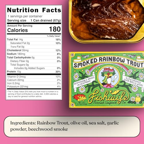 Image of Fishwife Smoked Rainbow Trout Quad 4-Pack (3.7 oz per tin) | ASC-Certified Sustainable Seafood, Gluten Free, Omega-3s | Handpacked in BPA-NI Tins
