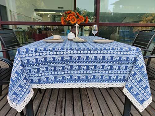 Rectangle Tablecloth 60 X 84 Inch, Indian Boho Table Cloth, Jaipur India Elephant Hippie Bohemian Decorative Style Cover For Parties, Camping, Picnic, Kitchen, Dining (Blue Elephant, 60X84) #TOP1