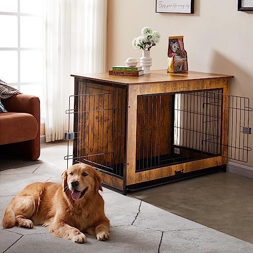 COPAW Dog Crate Furniture - 43 Inch Wooden Wire Pet Kennels with Double Doors Cushion and Removable Tray Wooden Indoor Decorative Pet House End Table Furniture Style Dog Crate for Small to Large Dog