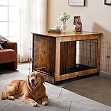 COPAW Dog Crate Furniture - 43 Inch Wooden Wire Pet Kennels with Double Doors Cushion and Removable