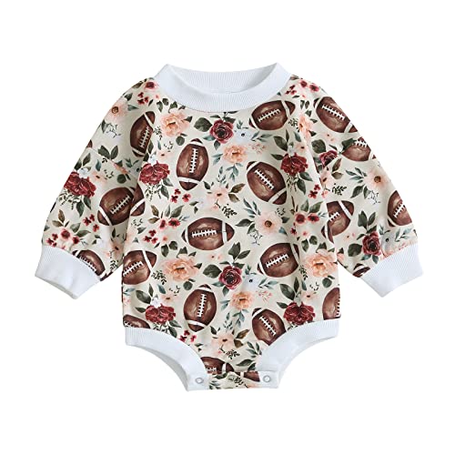 Image of Karuedoo Baby Boy Girl Football Sweatshirt Bubble Romper Oversized Sweater Romper Long Sleeve Bodysuit Outfit Fall Clothes