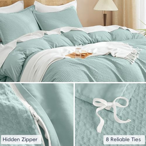 Image of PHF Waffle Weave Duvet Cover Set King Size, No Snagging Ultra Soft Luxury Textured Breathable Comforter Cover for All Season 3pcs, Durable Bedding Duvet Set with 2 Pillow Shams, 104 inchx90 inch, Aqua