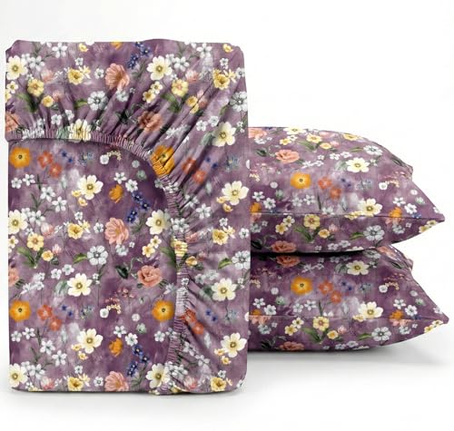 Image of VAS COLLECTIONS Double Bed 160 TC Cloud Cotton Fitted Bedsheet (78x72+10 Inches) | Elastic Deep Pocket Cotton Bed Sheet | Soft, Breathable Bedding for Home & Hotel (Purple Petal Harmony)