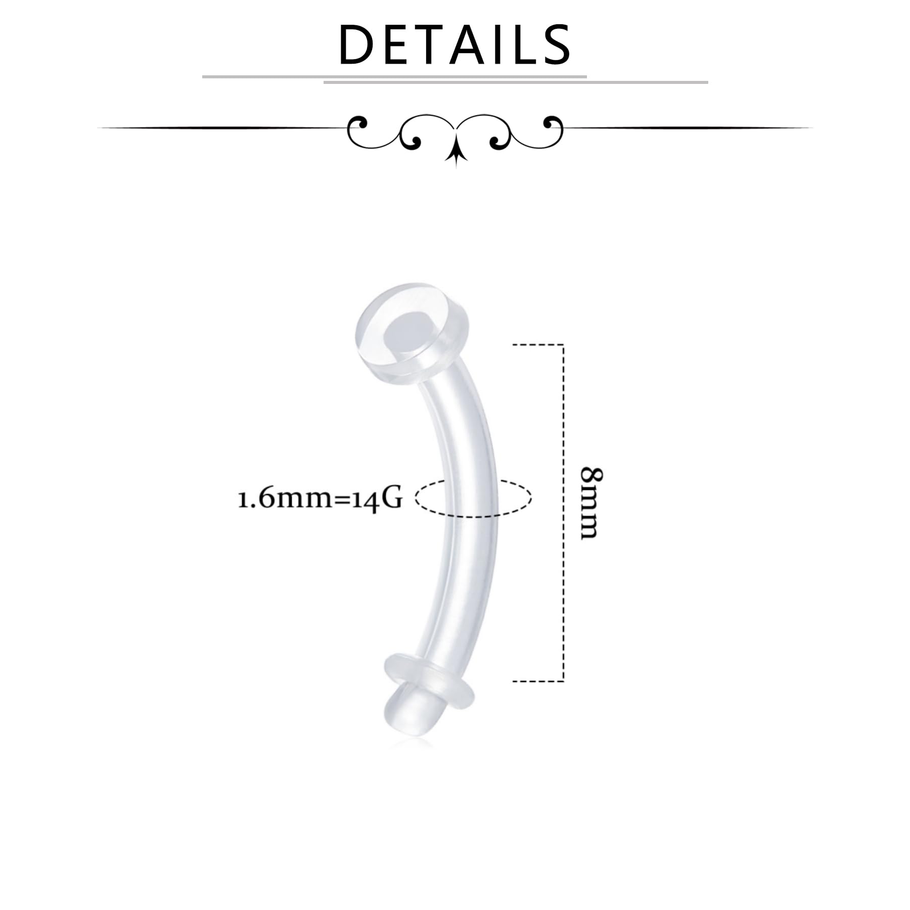 FECTAS 16G 14G Clear Flexible Plastic Daith Rook Earrings Eyebrow Rings Curved Barbells Belly Piercing Retainers 15PCS: style2-14G-8mm