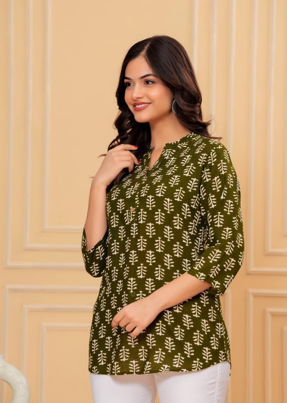 Image of Women's Cotton Printed Kurta Top | 3 /4 Sleeve Straight Kurti Casual Outings