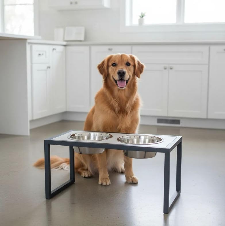 Comedouro Elevado para Cães, Tamanho Grande Duplo em Alumínio com Tigelas Inox Removíveis, Base Antiderrapante (preto)