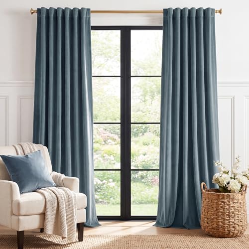 Image of Stone Blue Velvet Drapes Back Tab for Nursery, W52 x L102, 2 Panels | Luxury 300GSM Velvet, Back Tab Window Drapes, Heat Block Out, Privacy & UV Protection, Boys' Bedroom, Store, Villa Window