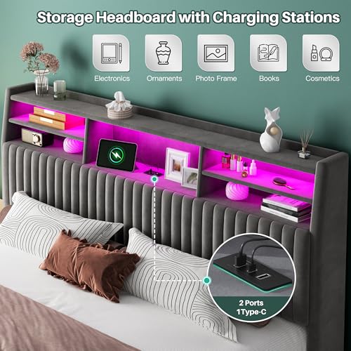 King Size Bed Frame, Velvet Bed Frame with Charging Station and LED Lights, Vertical Channel Tufted Headboard with Storage Shelves, Wooden Slats, Noise Free, Grey - Image 4