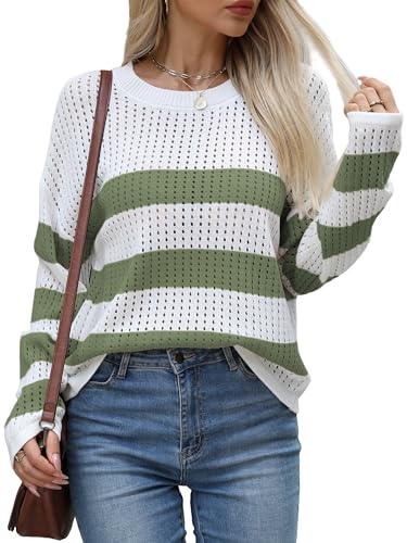 Crochet Sweaters for Women Casual Striped Sweaters Loose Hollow Out Knit Pullover Jumper Tops Fall Outfits2