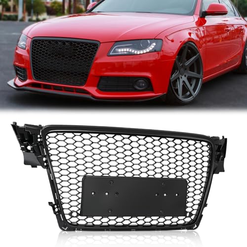 Partzer Front Bumper Grille Grill Compatible with 2009-2012 Audi A4/S4 B8 Hex Grille Mesh RS4 Style Gloss Black