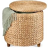 Best Choice Products 17' Round Storage Ottoman W/Lid, Handwoven Water Hyacinth Footstool, Footrest w/Wooden Legs, Accent Side Table, Storage Container, Plant Stand - Natural