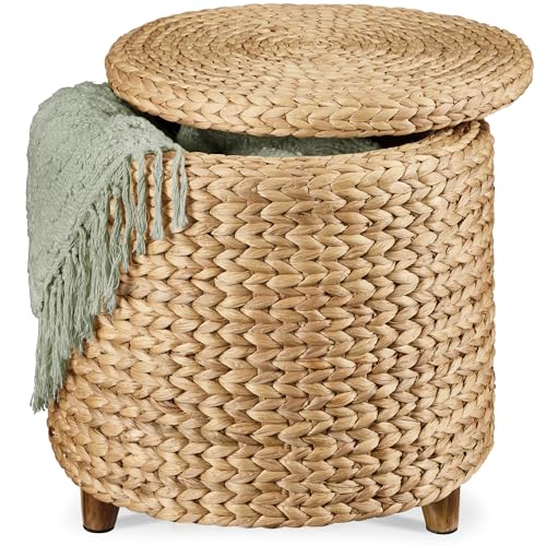 Image of Best Choice Products 17" Round Storage Ottoman W/Lid, Handwoven Water Hyacinth Footstool, Footrest w/Wooden Legs, Accent Side Table, Storage Container, Plant Stand - Natural
