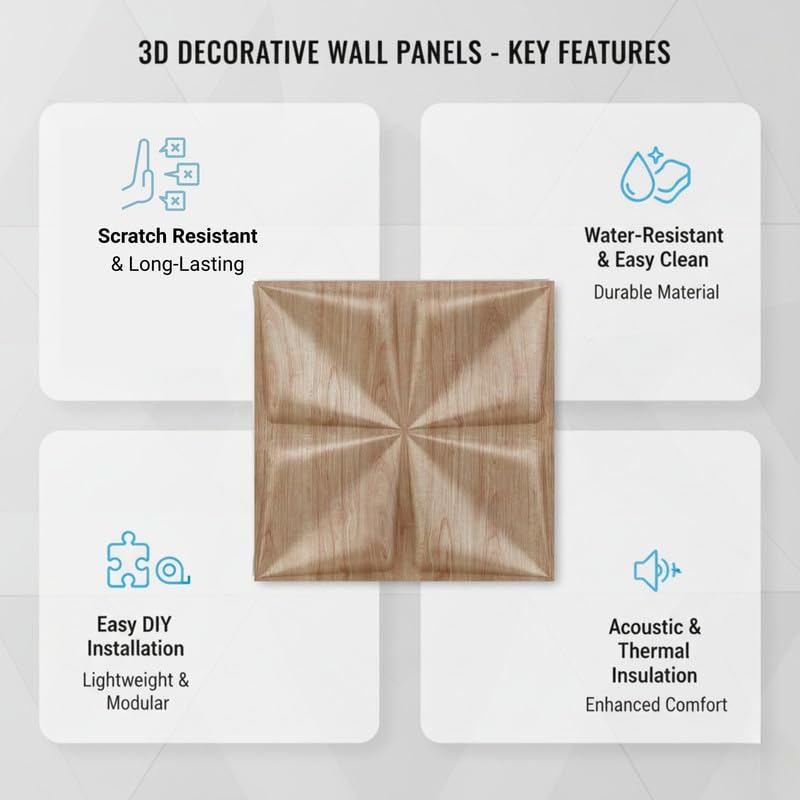 Image of Kayra Decor Wall Panels for Bedroom PVC Bloom Design, Beech Wood Color 19.7 inch x 19.7 inch (Pack of 18) - Covers 48.51 Sq. Ft.