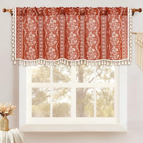 Image of Yinhua Boho Valance Curtains Vintage Linen Kitchen Valances for Windows Light Filtering Floral Valance Rod Pocket Farmhouse Rustic Tassel Window Valances for Bathroom Cafe, 52 inch W X 18 inch L, Terracotta