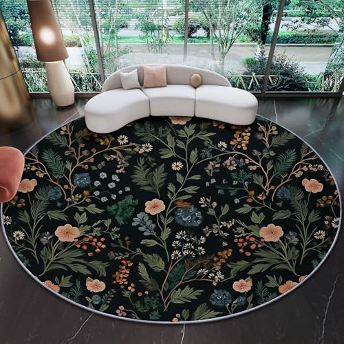 Genérico Alfombra Redonda para Sala de Estar - Retro Flores Silvestres Hojas Lavable a Máquina Antideslizante Alfombra Redonda 90 cm, Verde Oscuro Alfombras para Dormitorio Pasillo de Entrada
