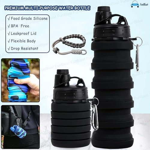 Image of FunBlast Silicone Sipper Bottle - 500 ML, Expandable Water Bottle for Home, Office, Gym, Trekking, BPA Free Food-Grade Collapsible Leak Proof Portable Travel Water Bottle (Black)