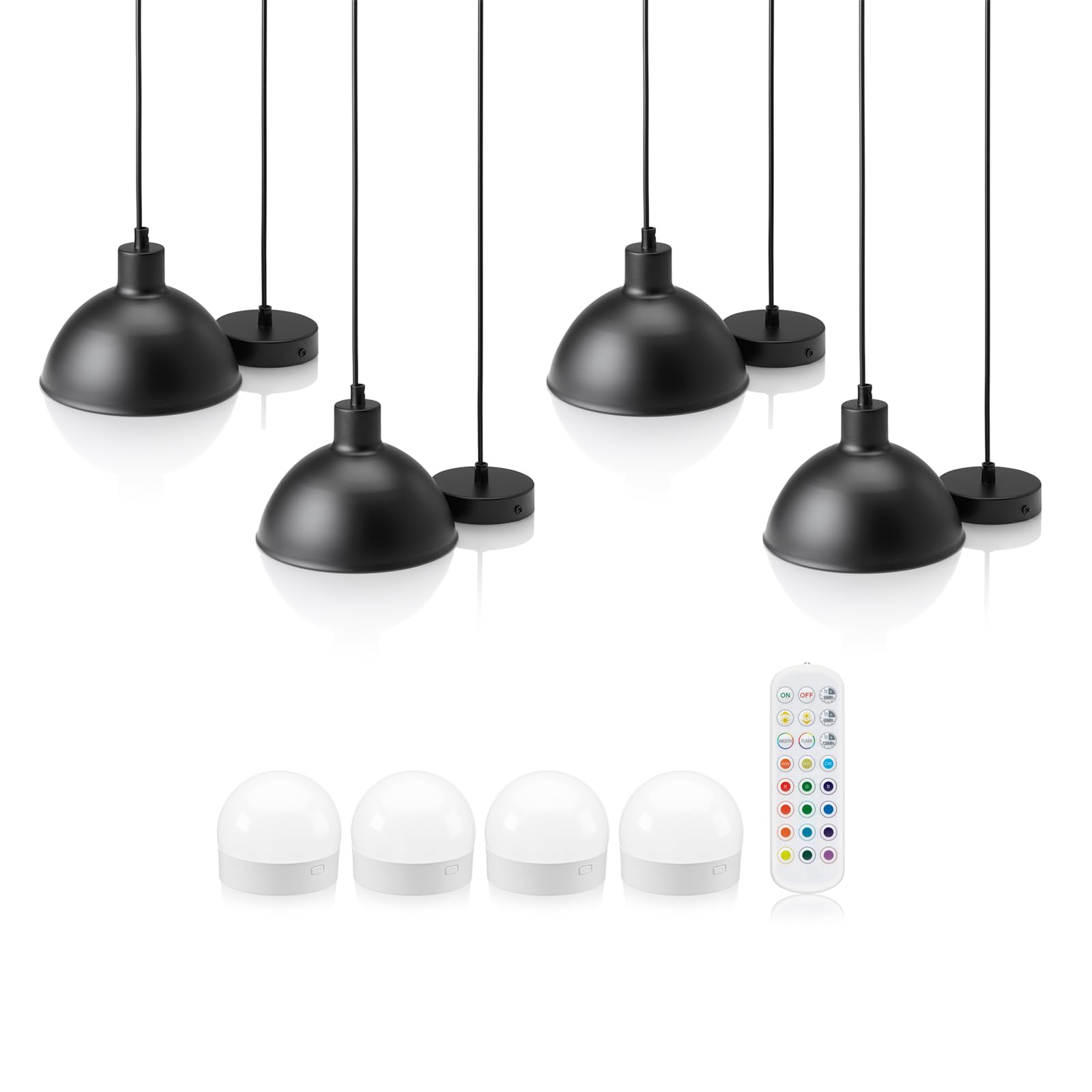 Auraglow Black Rechargeable Wireless Pendant Light With Remote – Cordless, Battery-Powered, Dimmable, Colour-Changing (, 4 Lamps, 4 Light Sources, 1 Remote)