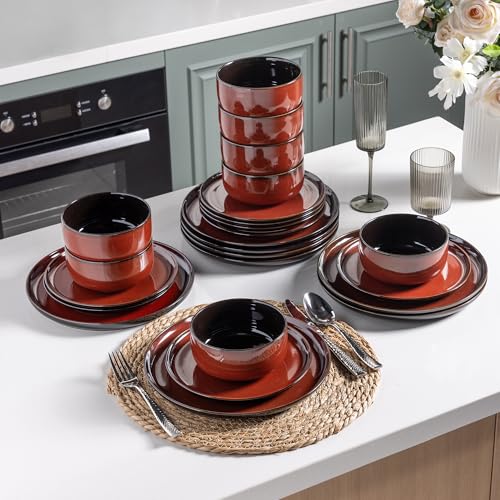 Image of LERATIO Ceramic Dinnerware Sets for 8,Plates and Bowls Sets,Handmade Reactive Glaze Dishes Set,Highly Chip and Crack Resistant | Dishwasher & Microwave & Oven Safe Dishes set,Service for 8-Red(24pc)