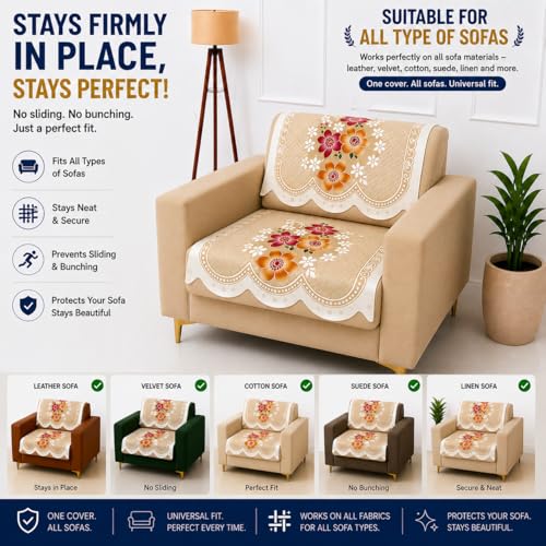Image of Homerz Premium 'Surya Series' Sofa Cover | Stylish Sofa Protector | Net Fabric | Anti-Stain & Washable Slip Cover Exact Size Antislip (Exclusive Yellow, 1 Seater, Seat Cover with Backrest)