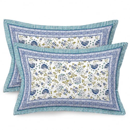 Image of ElanorHomes 180 TC Pure Cotton Pillow Covers Set of 2, Bedroom Pillows with Zip Closure, Soft Smooth Cool Breathable Pillowcases for Home (Blue Shalimar Glow)