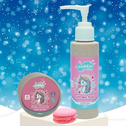 Puddles Organic Winter Lotion (100 ml), Body Butter (50 gm) & Lipbalm (8 gm) Combo For Kids | Unicorn Magic – Age 2-12 Years | Cosmos Organic Certified | Tear-Free, pH Balanced, Sulfate-Paraben Free