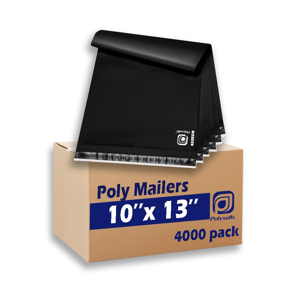 POLYSELLS 4000 pcs 10x13 Inches Black Poly Mailers Shipping Envelopes, Strong Adhesive Sealing, Waterproof, and Tear-resistant Postal Mailing Bags for