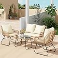 LEX CRAFT 4-Piece Wicker Outdoor Patio Furniture Set with Cushions & Tempered Glass Table, All-Weather Rattan Bistro Set with Loveseat Chairs Table Soft Cushions for Garden, Porch, Backyard (Beige)