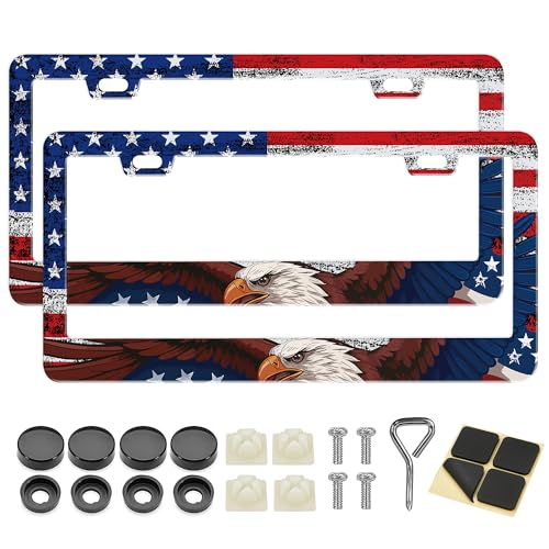 American Flag License Plate Frame 2 Pack Vintage Patriotic USA Flag Aluminum License Plate Holder Covers Universal Car License Plate Frame with Screws for Women Men
