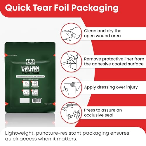 Image of Vented Chest Seal with Quick Tear - 6.6 inch Occlusive Adhesive Dressing for Open Chest Wounds - Medical-Grade Hydrogel Adhesive for Trauma Kits - 12-Pack (24-Counts)