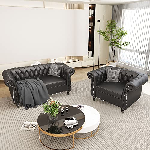 Avzear 2-Piece Living Room Sectional Sofa Set, Upholstered Sofa Modern Sofa Couches Set Style Button Tufted, Pu Chesterfield Sofa For Living Room Apartment, 1+2 Seat Pu Black #TOP4