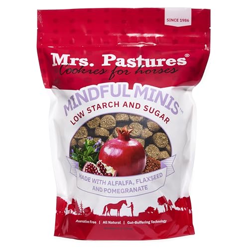 Mrs Pastures Mindful Minis-Cookies and Treats for Horses -Premium Horse Treats -Made with Alfalfa, Flaxseed & Pomegranate -Low Starch and Sugar - Preservative Free - All Natural - Made in USA - (4lbs)