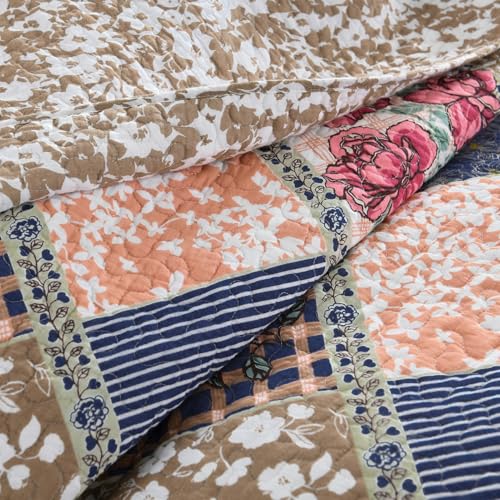 DDUOXIN Floral King Bedspread 120"x120" - 100% Cotton Reversible Oversized King Quilt with 2 Pillow Shams, Farmhouse Bedspreads Lightweight Bedding Sets, Navy Brown, 3 Piece — view 6