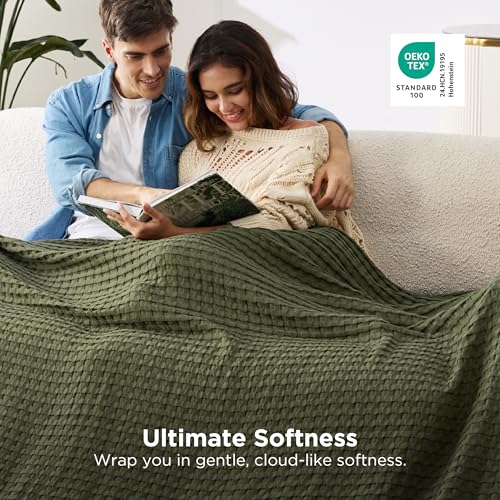 Image of Bedsure Cooling Cotton Waffle Oversized King Blanket - Lightweight Breathable Rayon Derived from Bamboo for Hot Sleepers, Luxury Throws for Bed and Sofa, Olive Green, 120x96 Inches