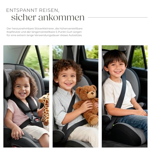 tectake® Autositz mit 5-Punkt-Gurt, i-Size Zulassung, mit Seitenaufprallschutz, Kindersitz Sitzerhöhung für Kinder von 76-150 cm, bis 36 kg, Kindersitzerhöhung, ohne Isofix - dunkelgrau/schwarz