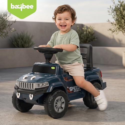 Image of Baybee Speedy Baby Ride on Car for Kids | Portable Kids Car with LED Lights, Music & Storage Basket | Push Toy Cars with High Backrest | Toddler Rideons Jeep for 1 to 3 Years Boys Girls (Navy Blue)
