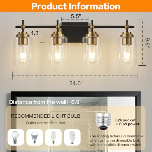 Image of SOLFART Bathroom Light Fixtures 4-Lights: Black and Gold Vanity Lights for Bathroom Clear Glass Shades(Bulbs Not Included)