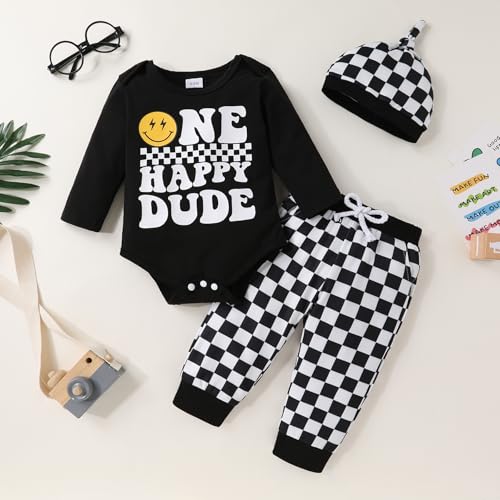 Baby Boy Clothes First Birthday Outfit Boy One Happy Dude Romper Pants Hat 3PC Set Newborn Infant Fall Outfits2
