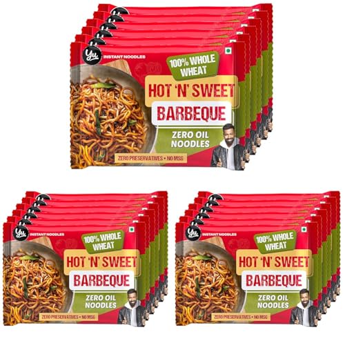 Image of Yu Foodlabs 100% Whole Wheat Hot & Sweet Barbeque Instant Noodles - Zero Preservatives Zero Oil Zero & Zero MSG - Atta Noodles in 6 Mins - Veg - 420g (70g x Pack of 18) - Yu, 420 gram, Hot & Sweet