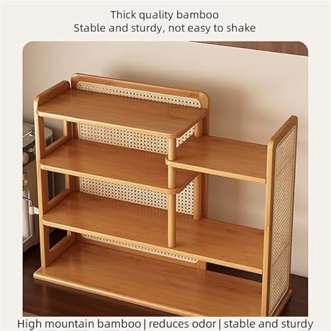 Kitchen Countertop Storage Rack Cup Holder Mug Organizer Display Rack Bamboo Multi-Layer Shelves with Rattan Decor for Dinning Room Study Office Elegant(Natural,50cm)