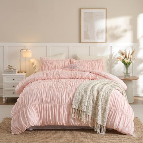 Image of weigelia Cinched Comforter Set Queen - 3PCS Soft Cozy Blush Pink Queen Bedding Set with Decorative Ruched Design, Fluffy Lightweight All Season Cute Comforter for Elegant Home & Bedroom Decor