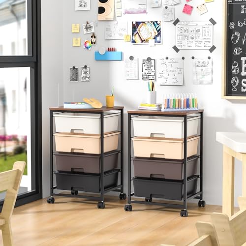 Image of SYKIARIOL Utility Cart with 4 Drawers, Brown | Rolling Storage Cart with Drawers, Storage Rolling Drawer Cart