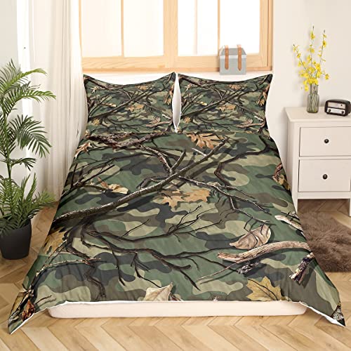 Homewish CYJ15540ZMD-TJ_USQ Army Green Camouflage Duvet Cover Set Queen Size Nature Dead Branches Bedding Set 3Pcs cover
