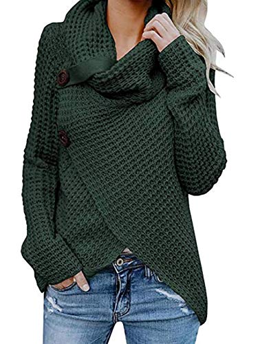 Knit Green Sweater for Woman Cardigan Turtlneck Neck Button Asymmetric Wrap Fall Loose Women Sweater Pullover Outerwear